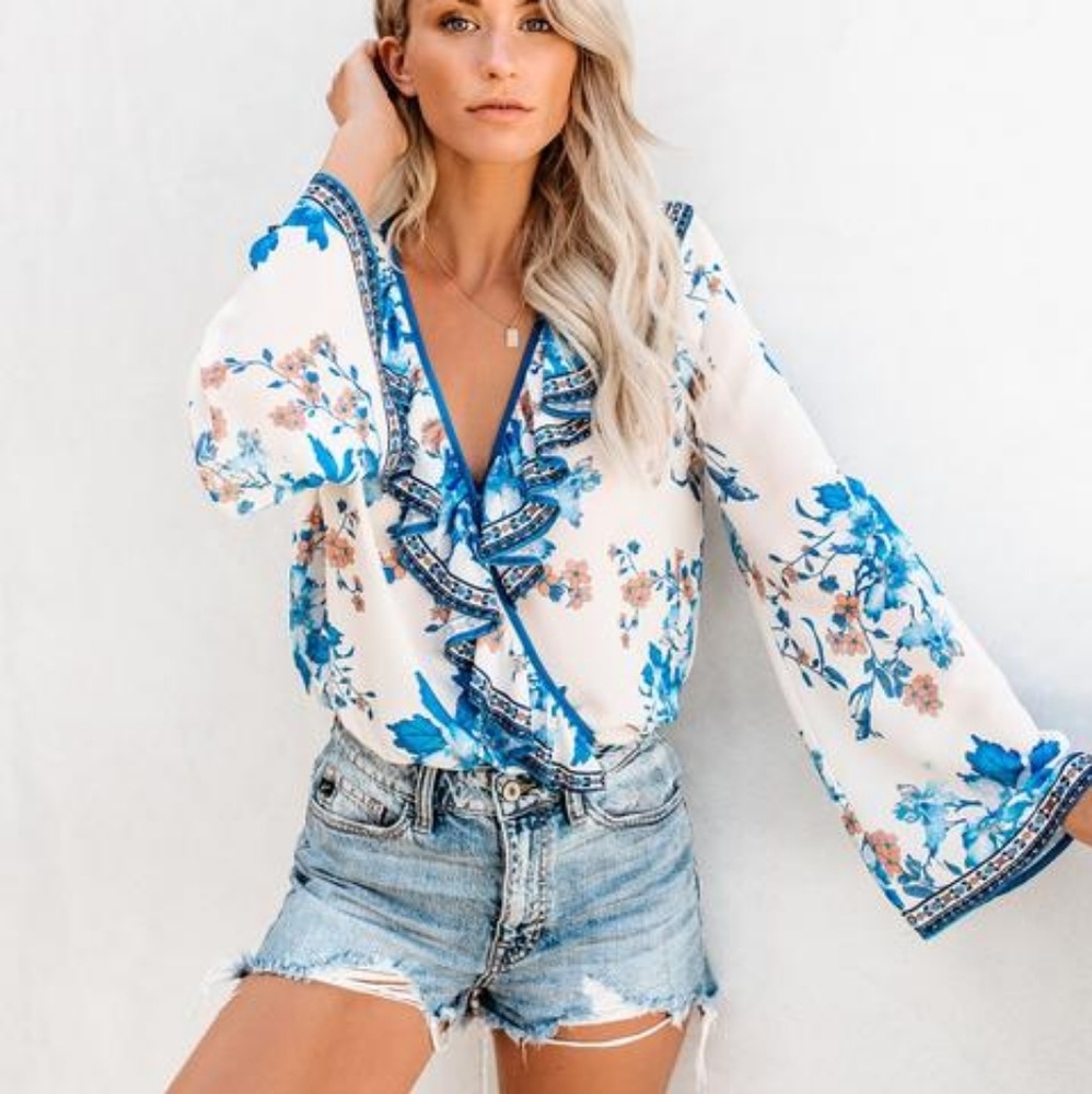 Blue Floral Ruffle Blouse Bell Sleeve